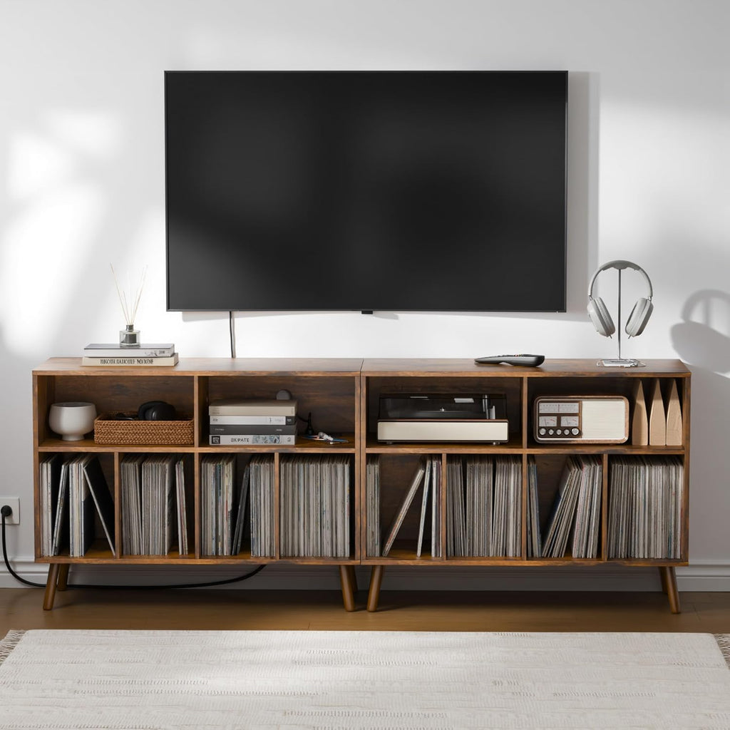 Cozy Castle Record Player Stand with Vinyl Storage Cabinet, Wood Turntable Table Open Shelf Holder Up to 350 Albums Cube Storage Organizer for Living Room, Office, Rustic Brown