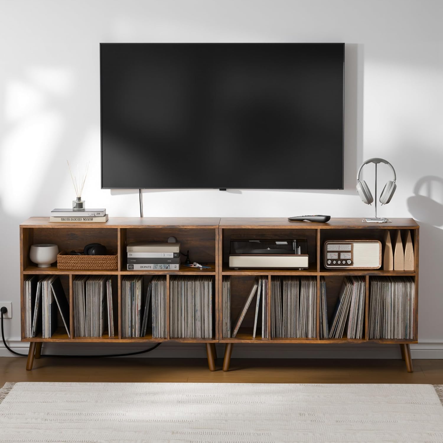 Cozy Castle Record Player Stand with Vinyl Storage Cabinet, Wood Turntable Table Open Shelf Holder Up to 350 Albums Cube Storage Organizer for Living Room, Office, Rustic Brown