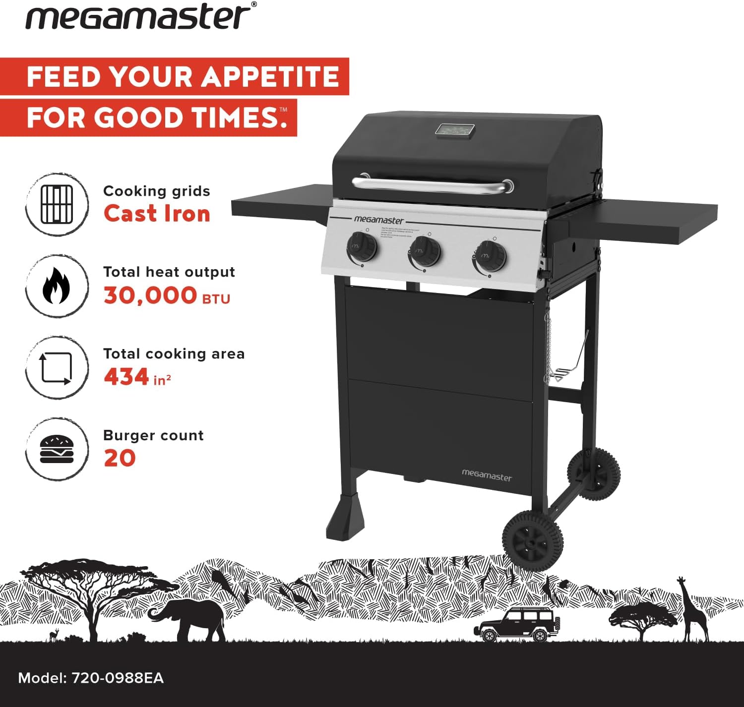 Megamaster 3-Burner Propane Gas Grill with Folding Side Tables, 30,000BTUs, 429.81 sq. in. Cooking Space, Stainless Steel Control Panel, Outdoor Kitchen Grill for BBQs, Patios, and More - 720-0988EA