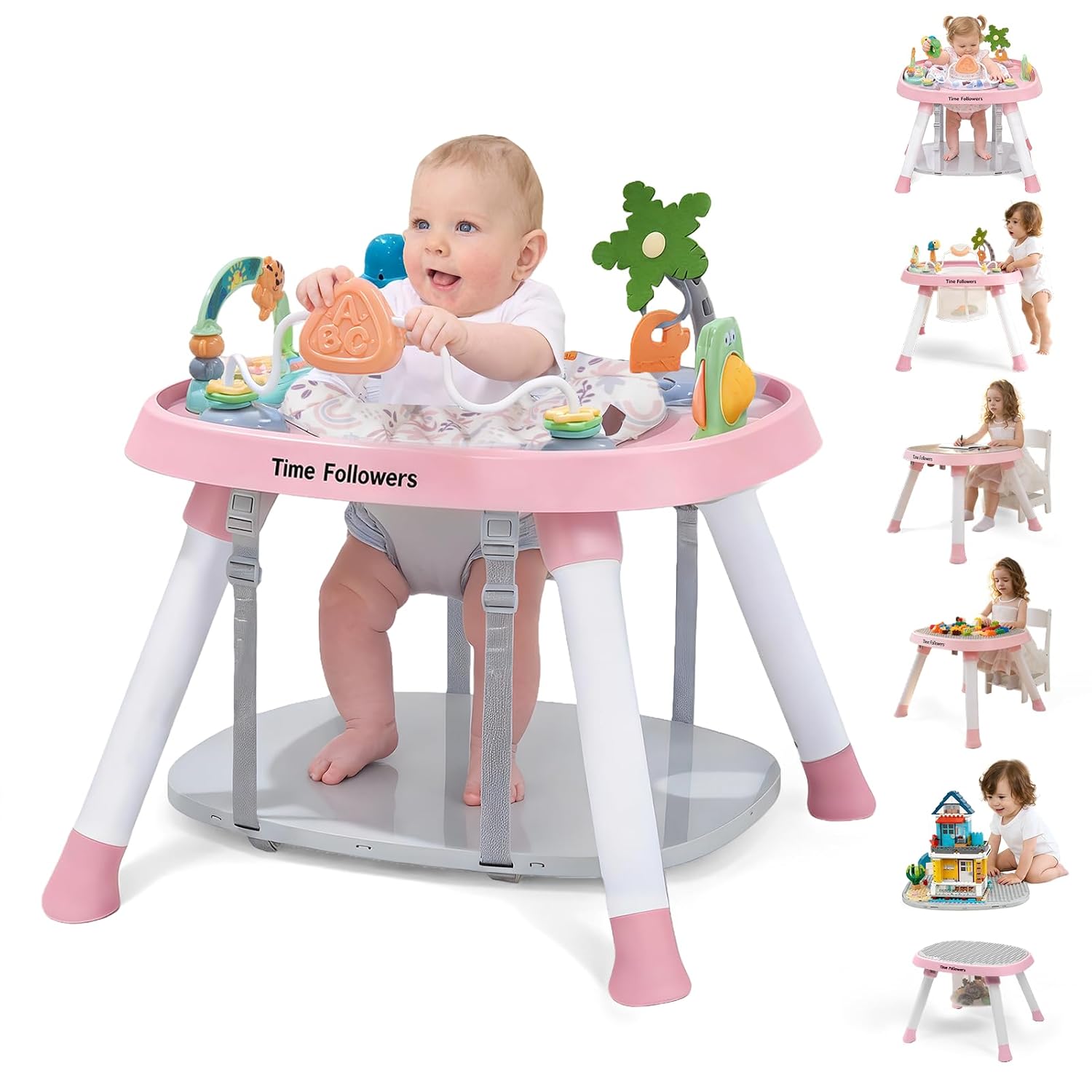Time Followers® 6-in-1 Baby Activity Center | 4 Stage Montessori-Inspired Toys | Grow Stationary Standing Toddler Table | Jumpers & Bouncers | Must Have for Boy & Girl 6, 12, 24+ Month Old (Pink)