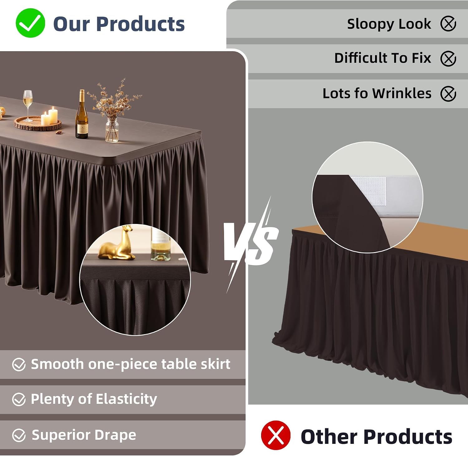 PARTISKY 6 Pack Chocolate Tablecloths for Rectangle Tables 8ft, Wrinkle Resistant Spandex Table Cover Fitted Stretch Table Cloth with Pleated Ruffle Skirts for Party Banquet Dining Birthday Wedding