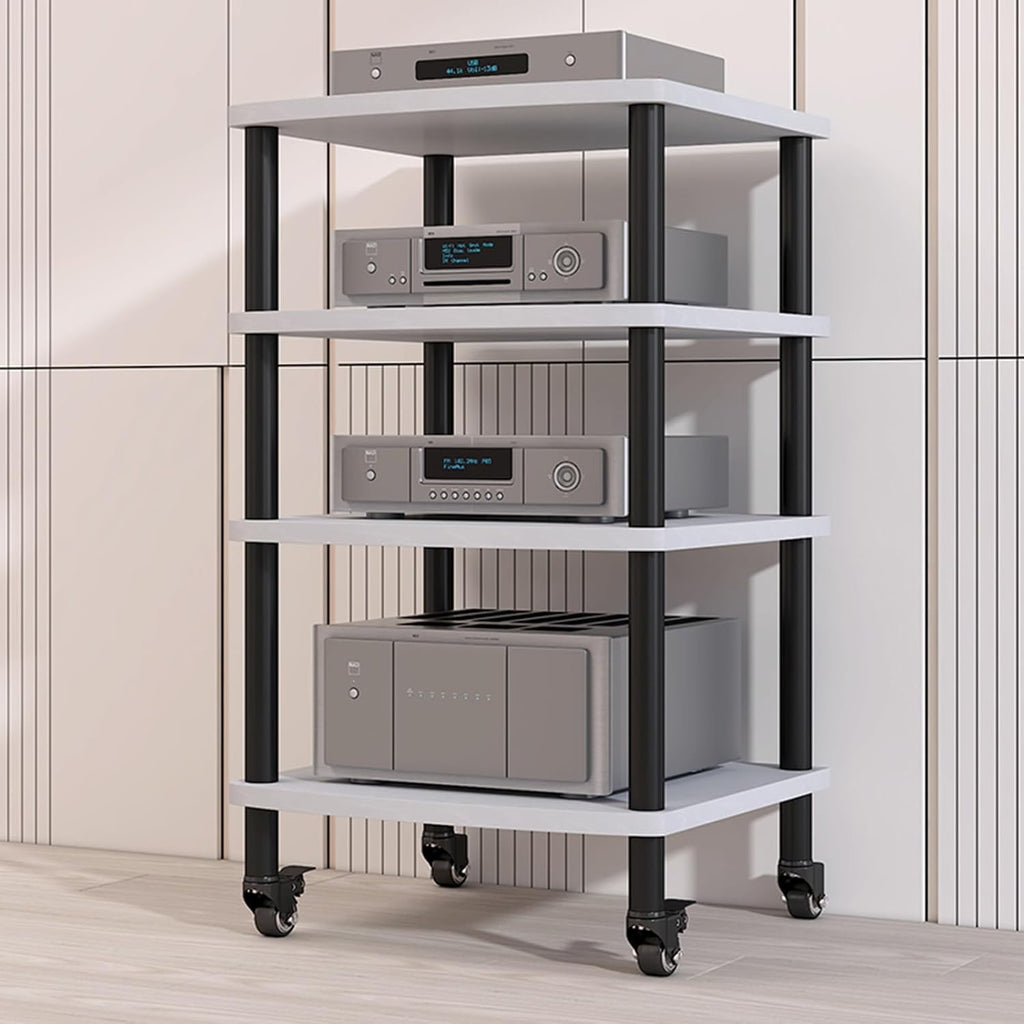 4-Tier AV Media Stand - Walnut Vinyl Record Player Shelf, Wooden Stereo Cabinet & Storage Rack for Audio Components, Ideal for Gaming & Entertainment Systems