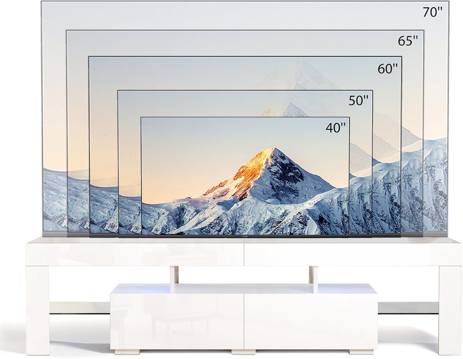 VINGLI LED TV Stand, 63'' High Glossy Modern Entertainment Center with Remote Control 20-Color LED Lights and 2 Large Storage Draws for 55/60/65/70 Inch TV (White, 63''L x 14''W x 18''H)
