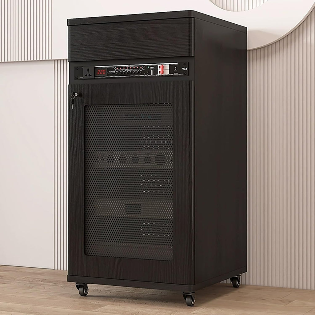 Black Stereo Cabinet - Lockable Media Storage with Wheels, Adjustable Shelves & Cable Management, 52x55x108cm - Ideal AV Rack for Home Theater & Audio Equipment