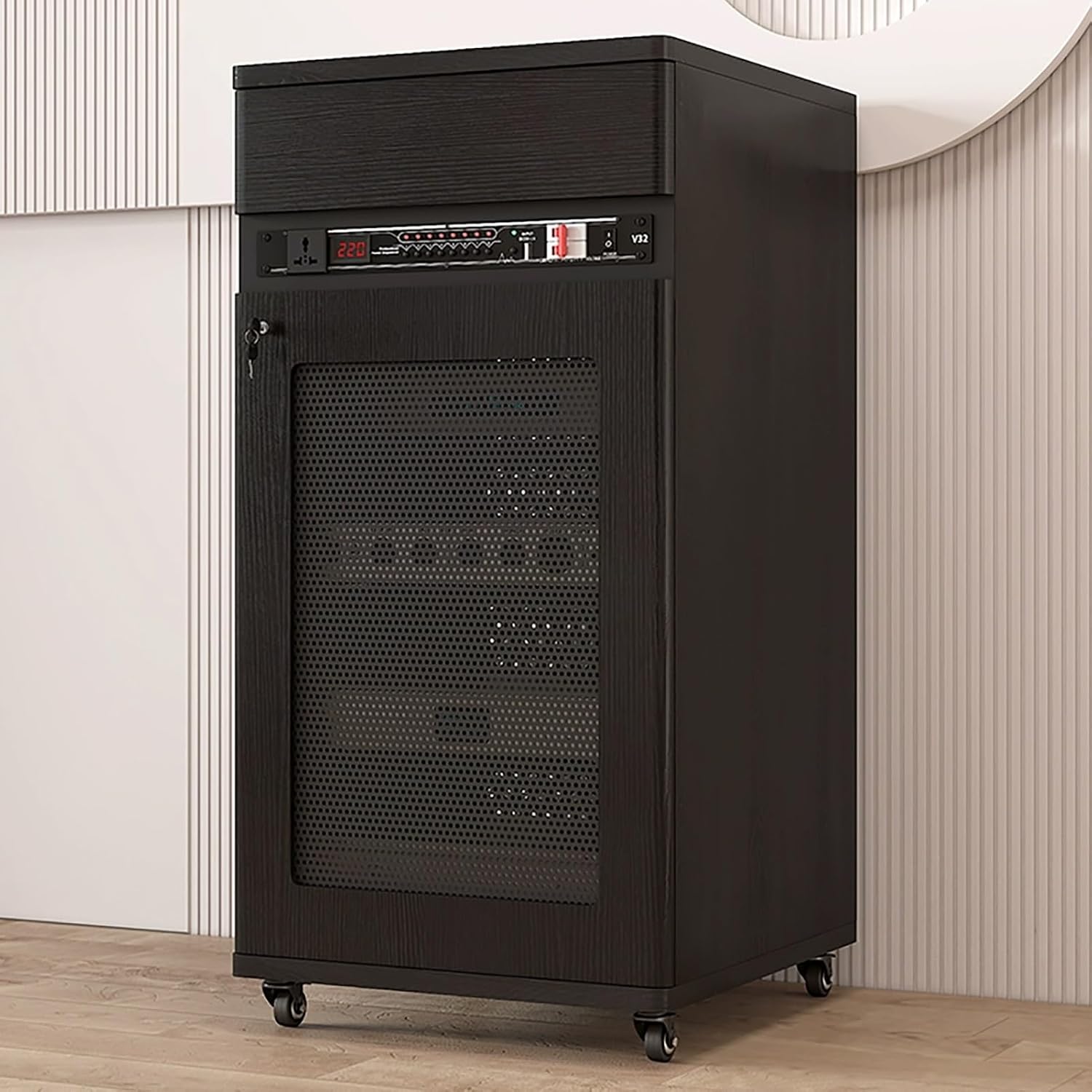 Black Stereo Cabinet - Lockable Media Storage with Wheels, Adjustable Shelves & Cable Management, 52x55x108cm - Ideal AV Rack for Home Theater & Audio Equipment