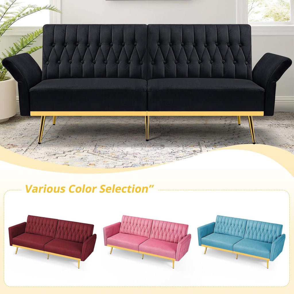 70' Velvet Futon Sofa Bed with 2 Pillows and Adjustable Armrests, Convertible Sleeper Bed W/Adjustable Backrests, Modern Loveseat for Living Room, Bedroom, Black