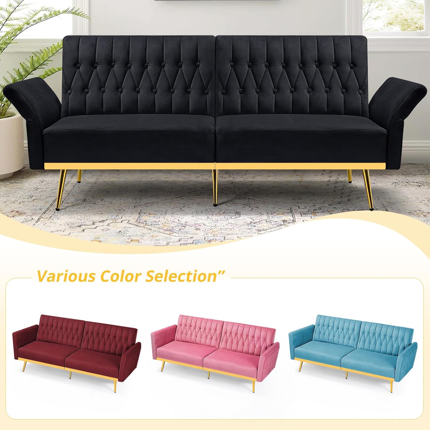 70' Velvet Futon Sofa Bed with 2 Pillows and Adjustable Armrests, Convertible Sleeper Bed W/Adjustable Backrests, Modern Loveseat for Living Room, Bedroom, Black