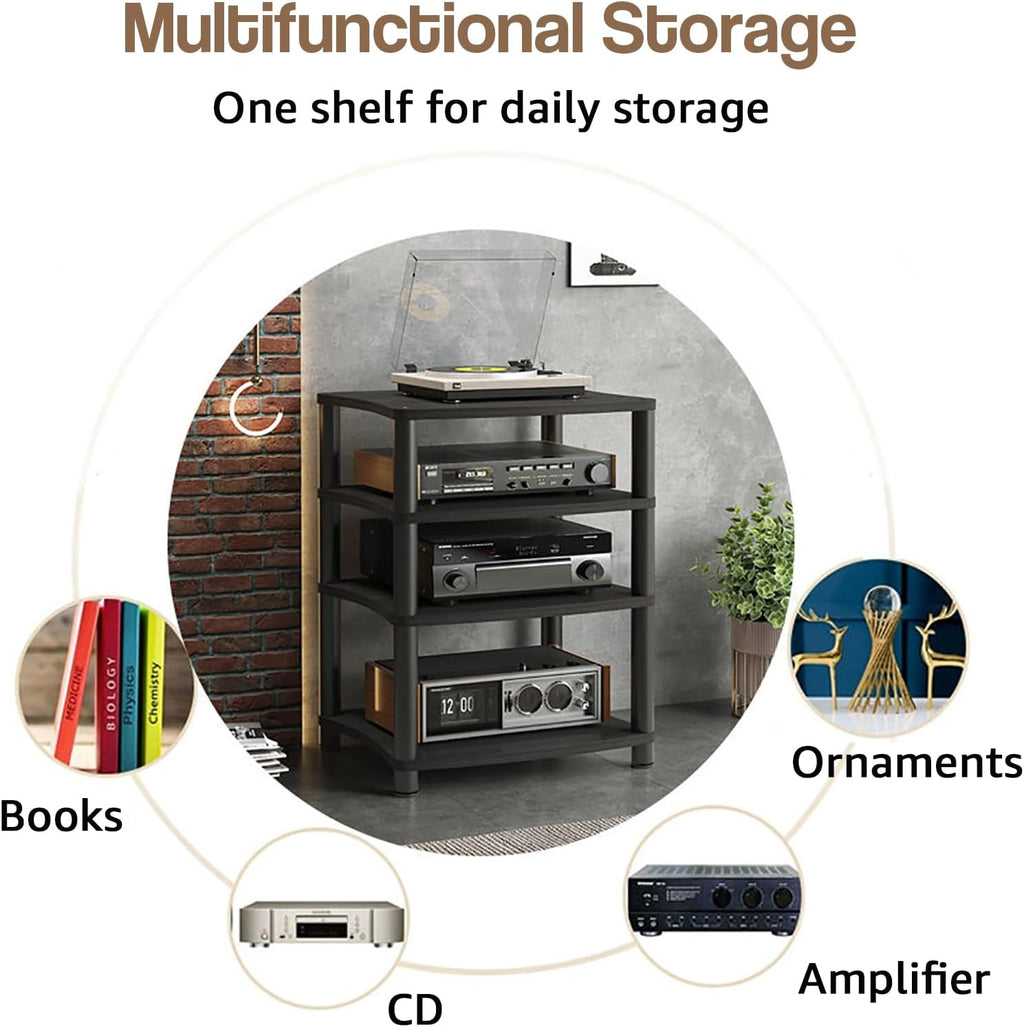 4-Tier Audio Rack Tower - Stereo AV Media Stand with Shelves for CD Player, Receiver & Equipment - Wooden Display Cabinet - 1/2/3/4 Tier Options Available