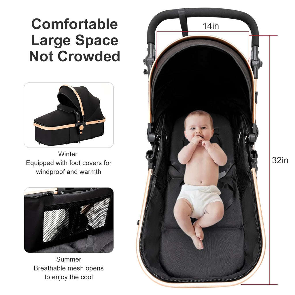2 in 1 Baby Stroller Reversible Portable Standard Baby Stroller Convertible Pushchair Infant Buggy Baby Carriage Foldable High Landscape Pram for Toddler Newborn (2US588-BLACK)