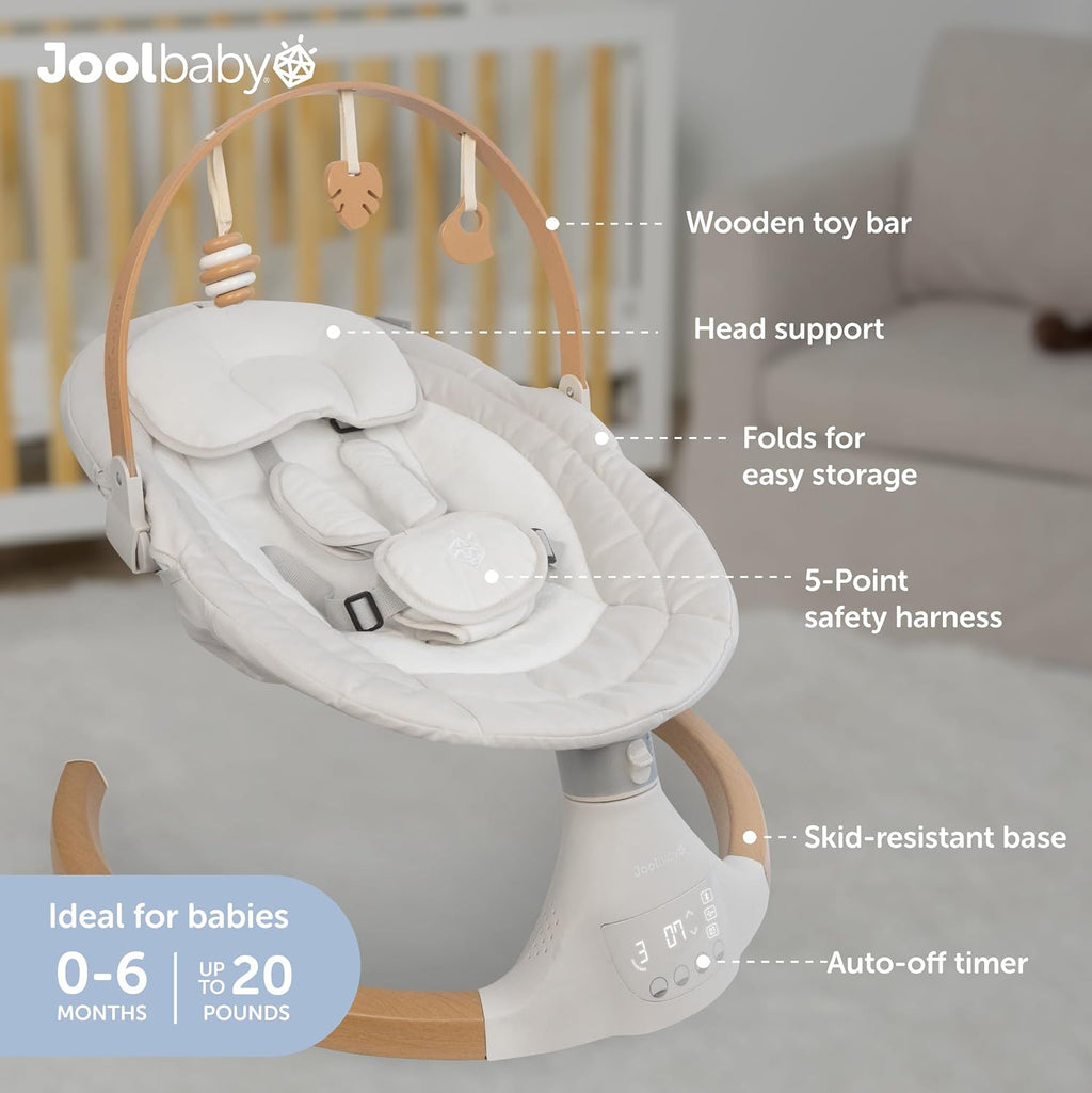 Jool Baby Nova Nature Baby Swing for Newborns with Natural Wood Toys, Electric Motorized Infant Swing, Bluetooth Music, Remote (Oatmeal)