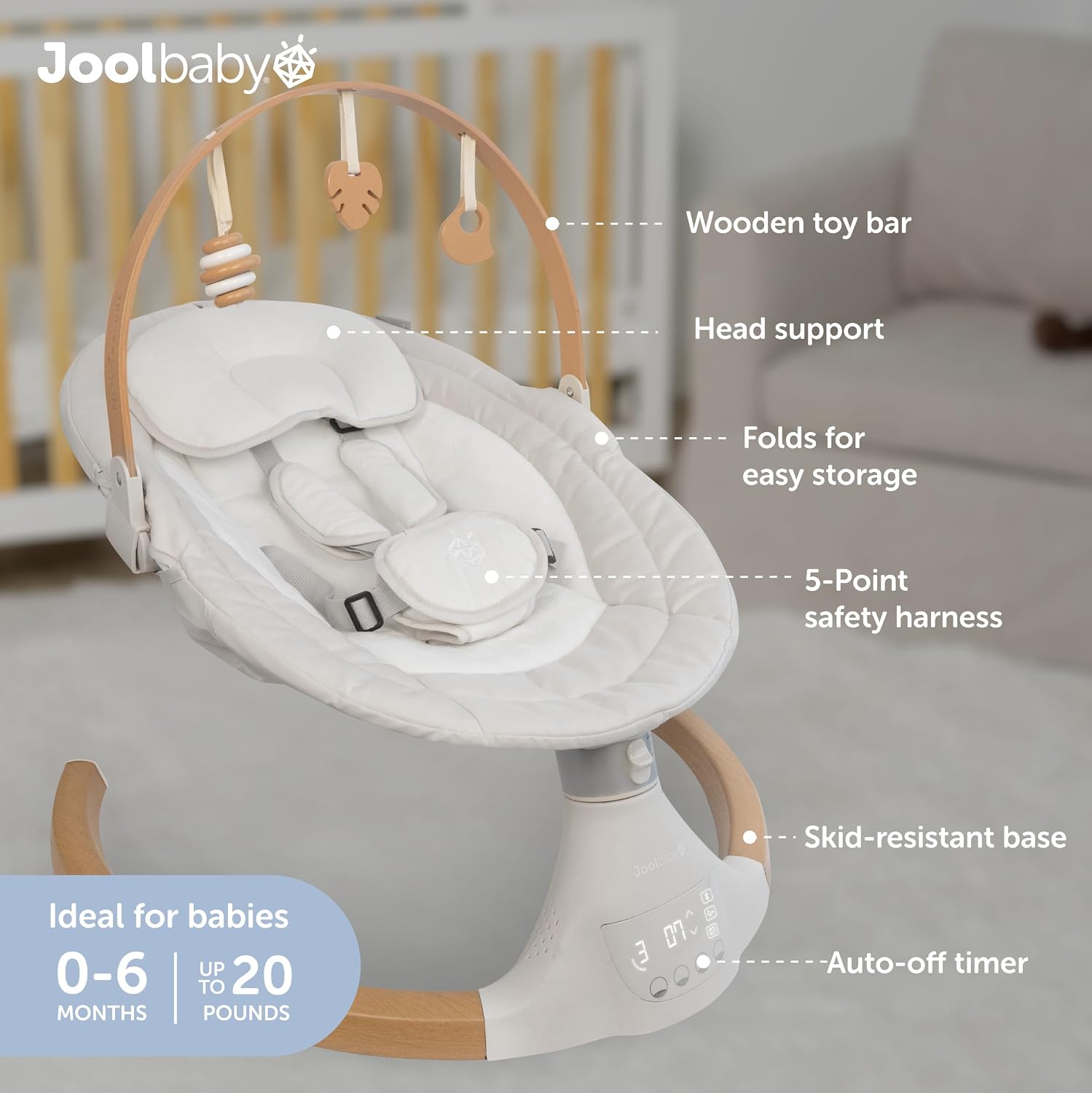 Jool Baby Nova Nature Baby Swing for Newborns with Natural Wood Toys, Electric Motorized Infant Swing, Bluetooth Music, Remote (Oatmeal)