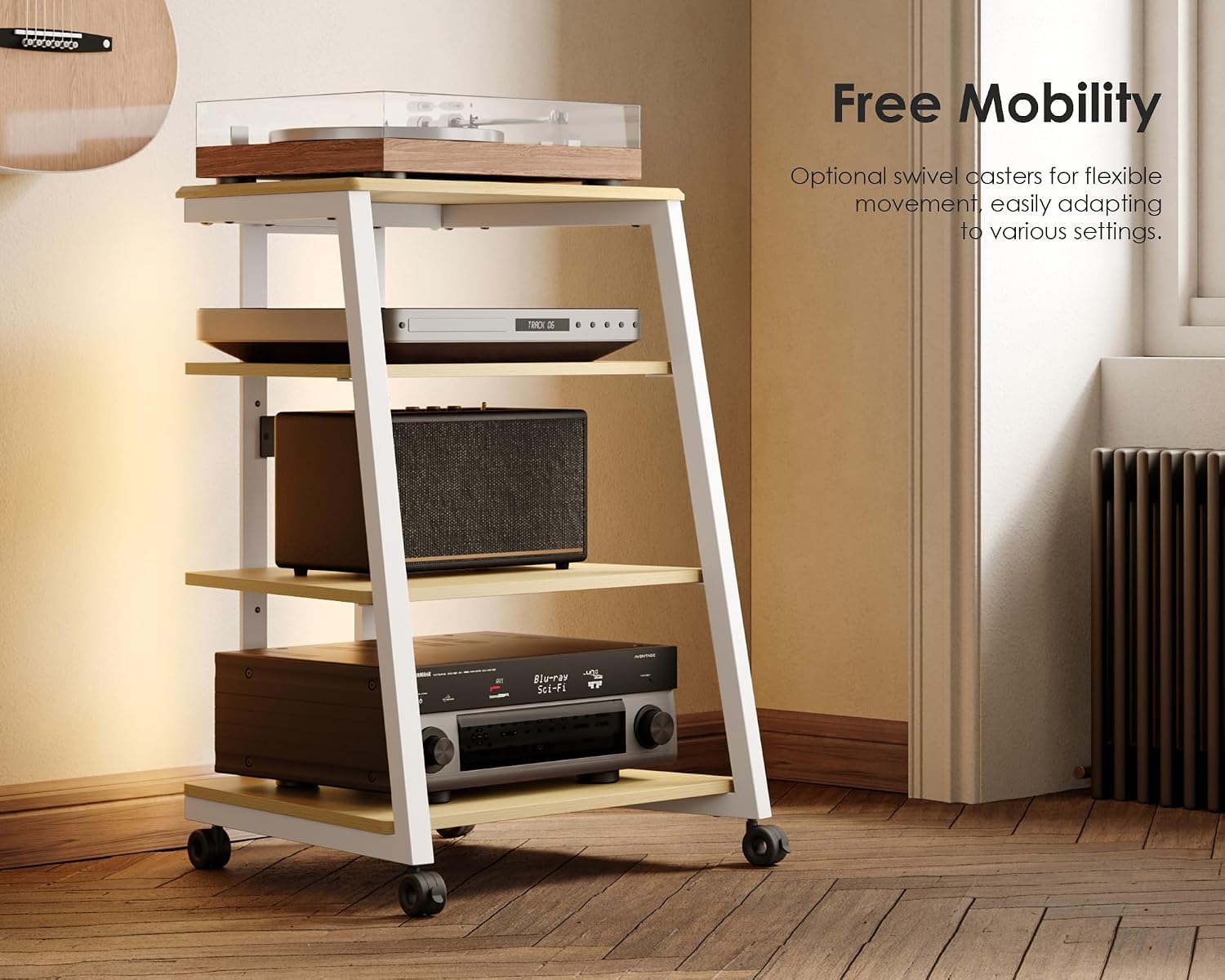 FITUEYES Design Stereo Cabinet 4-Tier Media Cabinet with LED Backlight Integrated Power Wooden Media Stand with Adjustable Shelves for Turntables Record Player Stereo Receiver CD Players AMP