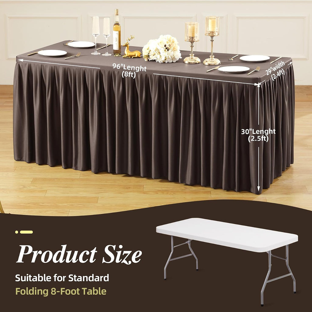 PARTISKY 6 Pack Chocolate Tablecloths for Rectangle Tables 8ft, Wrinkle Resistant Spandex Table Cover Fitted Stretch Table Cloth with Pleated Ruffle Skirts for Party Banquet Dining Birthday Wedding