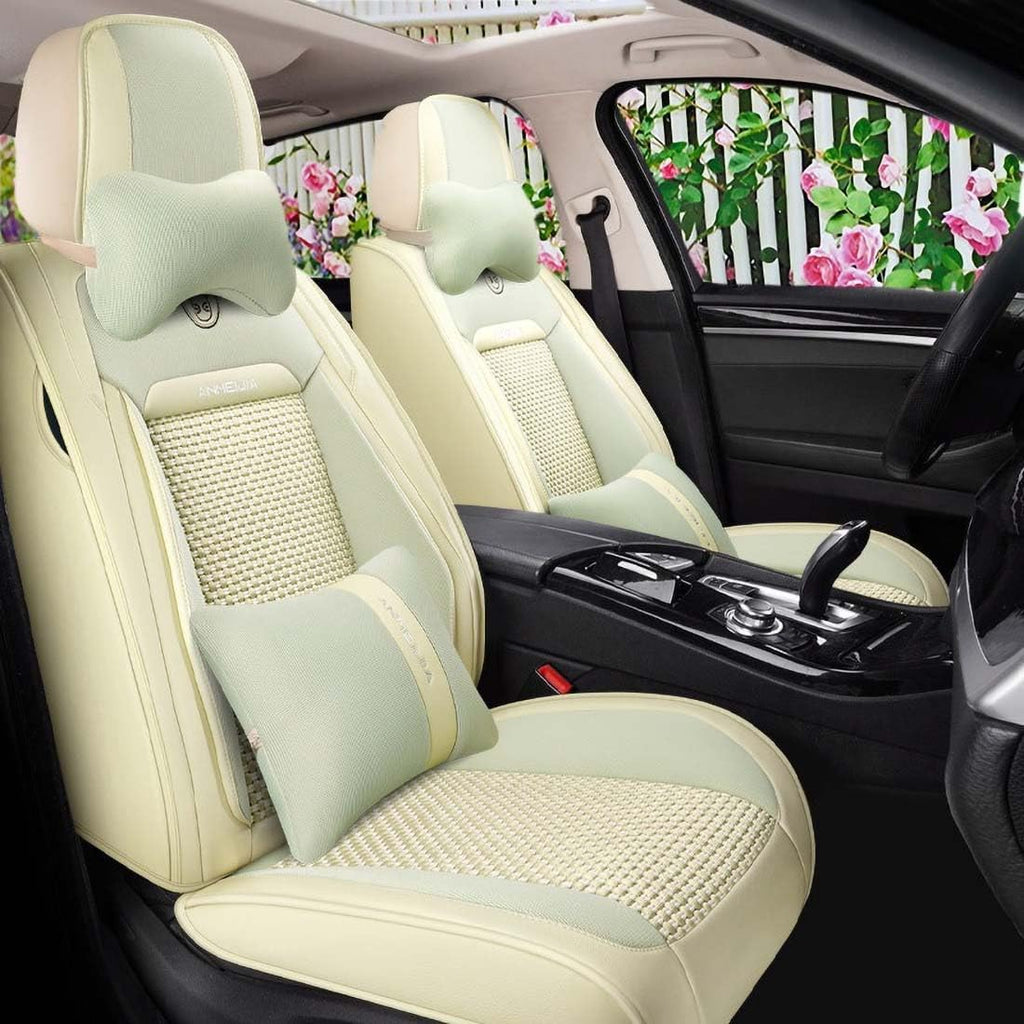 Lemon Yellow Car Seat Covers Full Set - Leather and Ice Silk Breathable Front and Rear Seat Covers for Women Men, Luxury Car Cushions