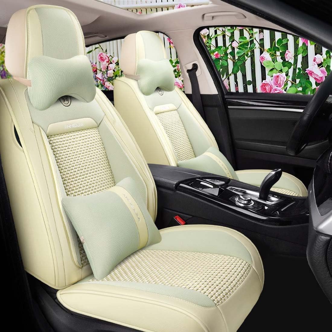 Lemon Yellow Car Seat Covers Full Set - Leather and Ice Silk Breathable Front and Rear Seat Covers for Women Men, Luxury Car Cushions