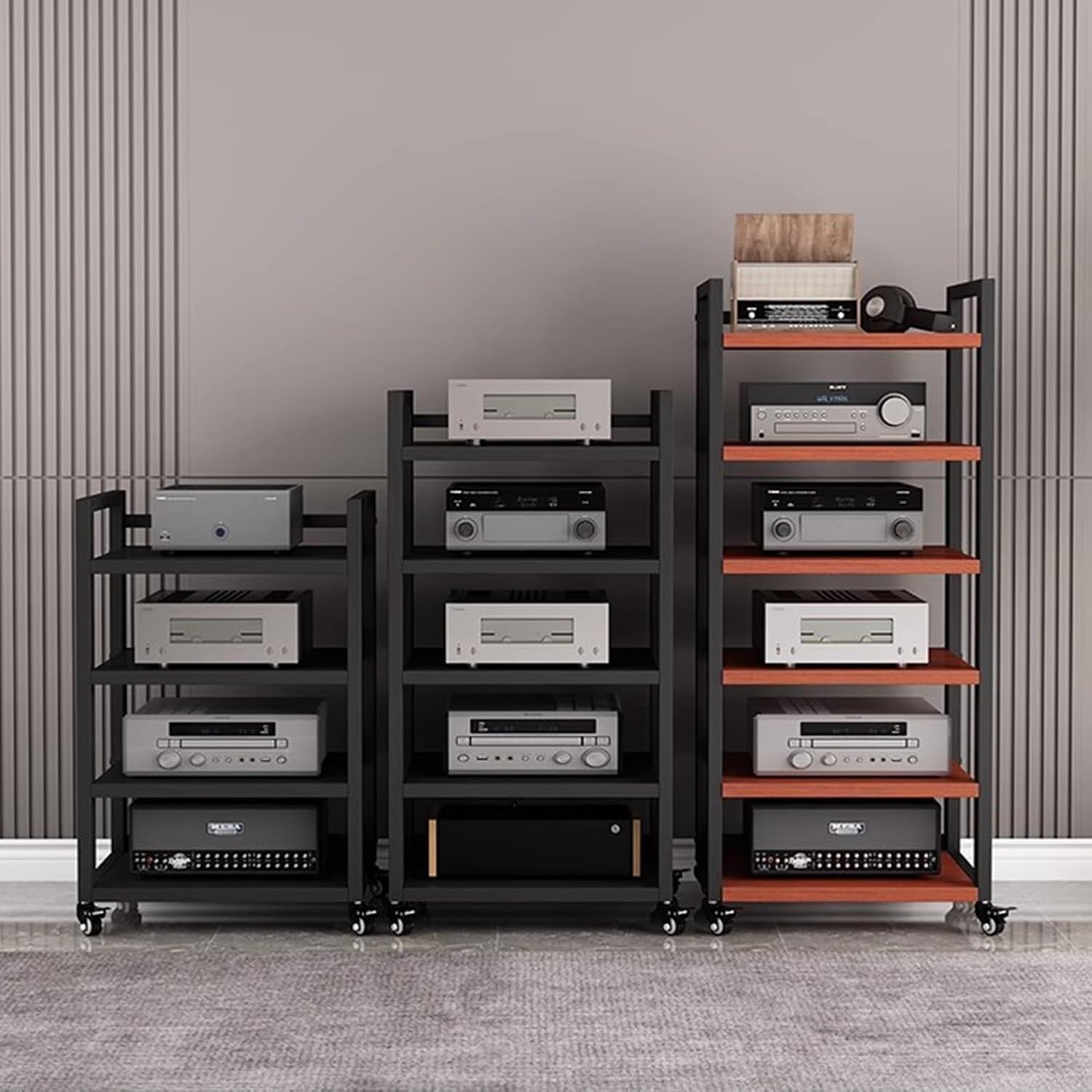 6 Tier Audio Rack Tower, Heavy-Duty AV Media Stand, Adjustable Shelves, Media Storage Cabinet for Amplifier, Record Players, Audio-Visual Equipment(Teak)