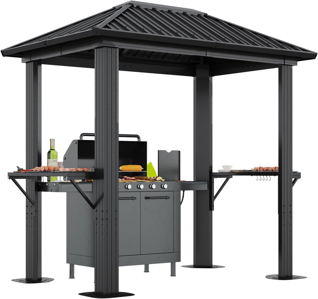 Aoxun Grill Hardtop Gazebo 5 x 8 FT, Outdoor Metal Hard Top Gazebo, Permanent BBQ Pavilion with Galvanized Steel Roof, Aluminum Pavilion with Shelves for Lawn, Garden, Patio, Backyard