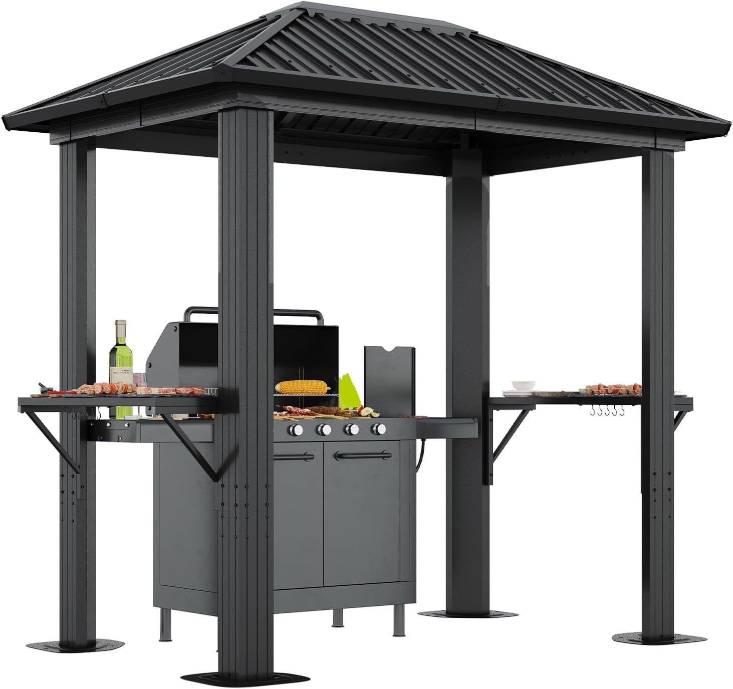 Aoxun Grill Hardtop Gazebo 5 x 8 FT, Outdoor Metal Hard Top Gazebo, Permanent BBQ Pavilion with Galvanized Steel Roof, Aluminum Pavilion with Shelves for Lawn, Garden, Patio, Backyard
