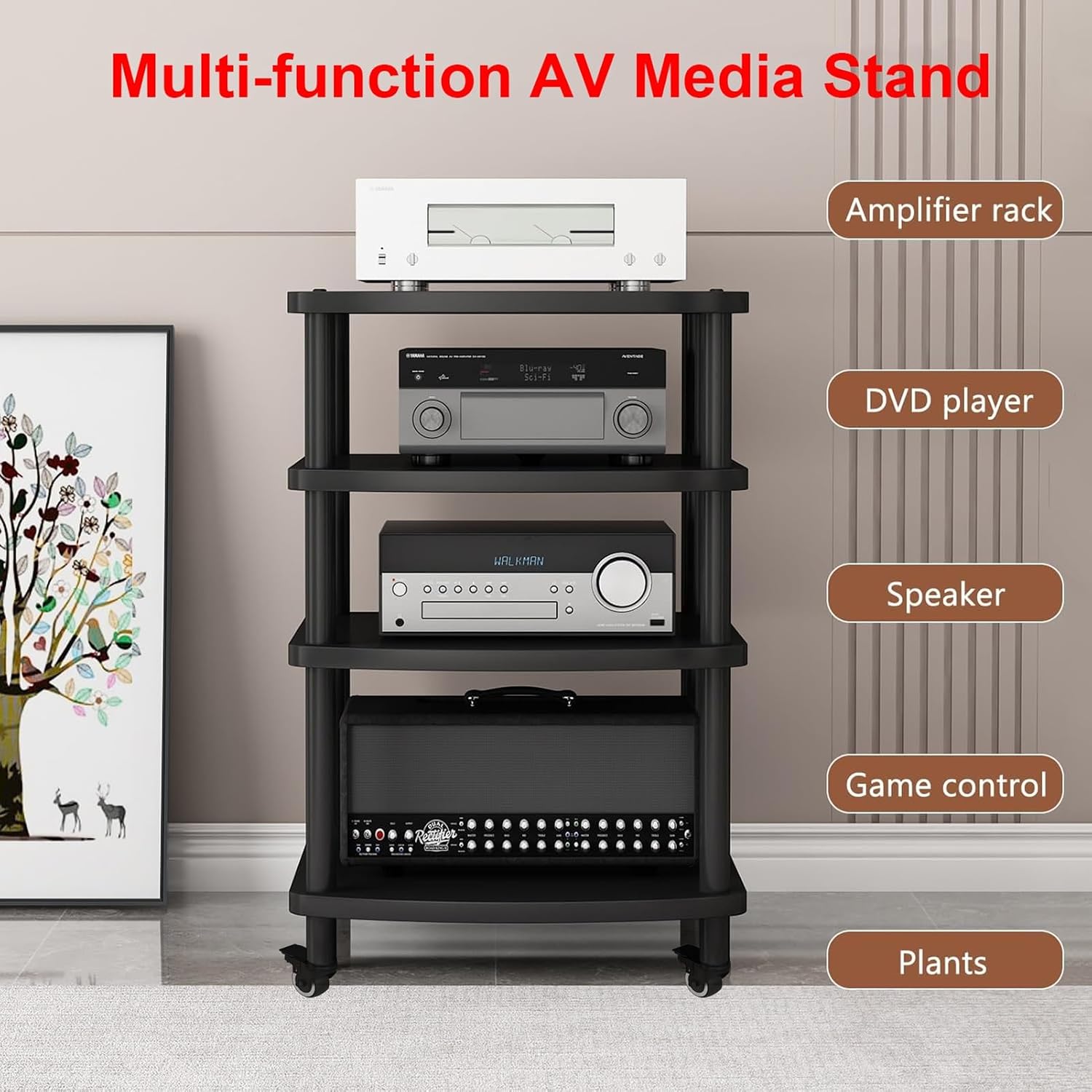 2/3/4/5-Tier Movable AV Media Stand with Wheels, Audio Rack Tower, TV Game Console Equipment Shelf, CD Record Player Stereo Component Cabinet for Home/Office/Theater(Walnut,3 Tier)
