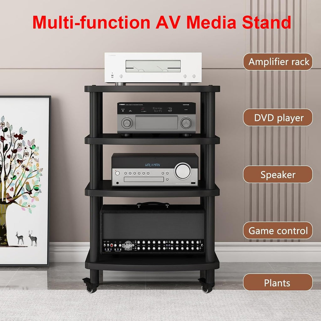 2/3/4/5-Tier Movable AV Media Stand with Wheels, Audio Rack Tower, TV Game Console Equipment Shelf, CD Record Player Stereo Component Cabinet for Home/Office/Theater(Walnut,2 Tier)