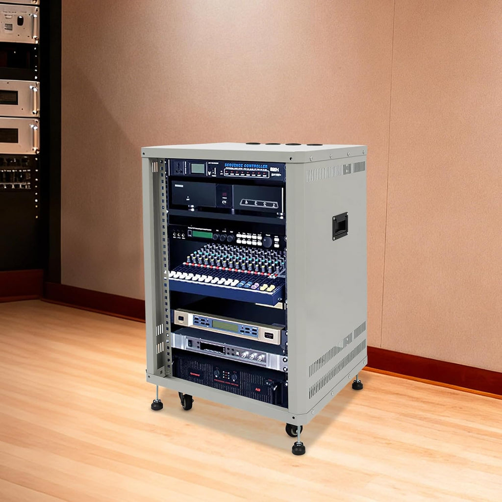 Network Audio Rack with Wheels, Steel Server Rack Cabinet for AV Equipment, Amplifiers, Network Gear, Rolling Universal Rack with Cable Management & Ventilation (Gray, 15U)