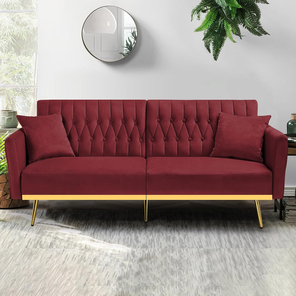 70' Velvet Futon Sofa Bed with 2 Pillows and Adjustable Armrests, Convertible Sleeper Bed W/Adjustable Backrests, Modern Loveseat for Living Room, Bedroom, Red