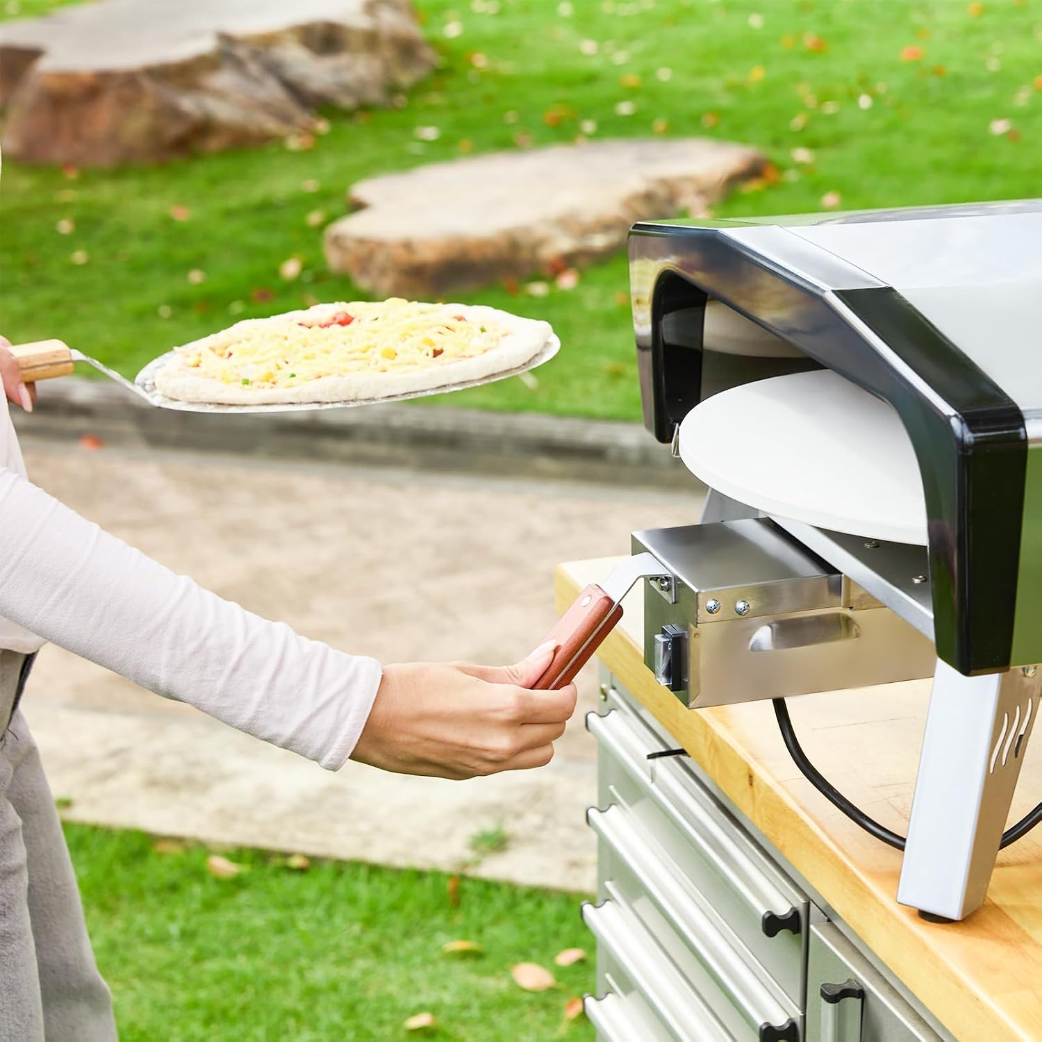 MELLCOM 20 Inch Outdoor Gas Pizza Oven, 360° Auto Rotating Pizza Stone with Pull Out Handle, Includes Pizza Peel & Carry Bag, Portable Stainless Steel Propane Pizza Oven for Backyard, Camping, Grill