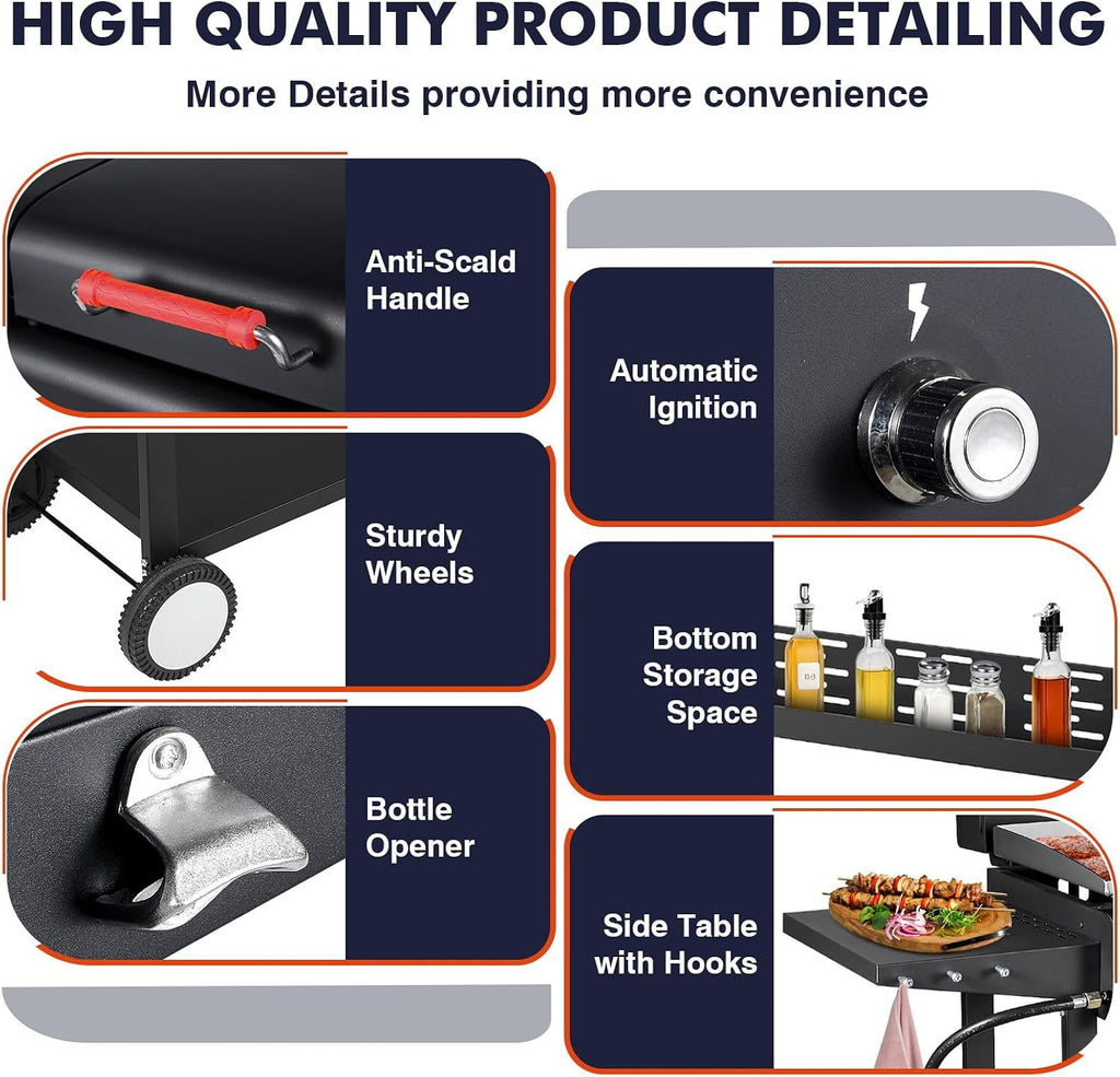 Propane and Charcoal Grill Combo, Gas Griddle Grill Combo Two Fuel BBQ Grills with Long Silicone Non-Slip Grill Gloves, Dual Fuel Lids and Side Shelves