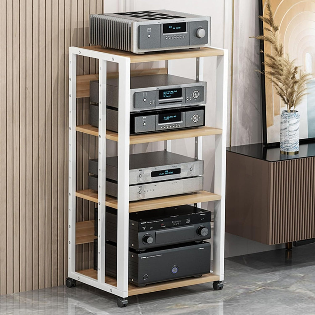 3/4/5-Tier Furniture Media Stand DVD CD Player Stand Audio Rack Power Amplifier Equipment Cabinet with Height Adjustable Wooden Shelf Floorstanding Storage Shelves ( Color : White , Size : 4 Tier )