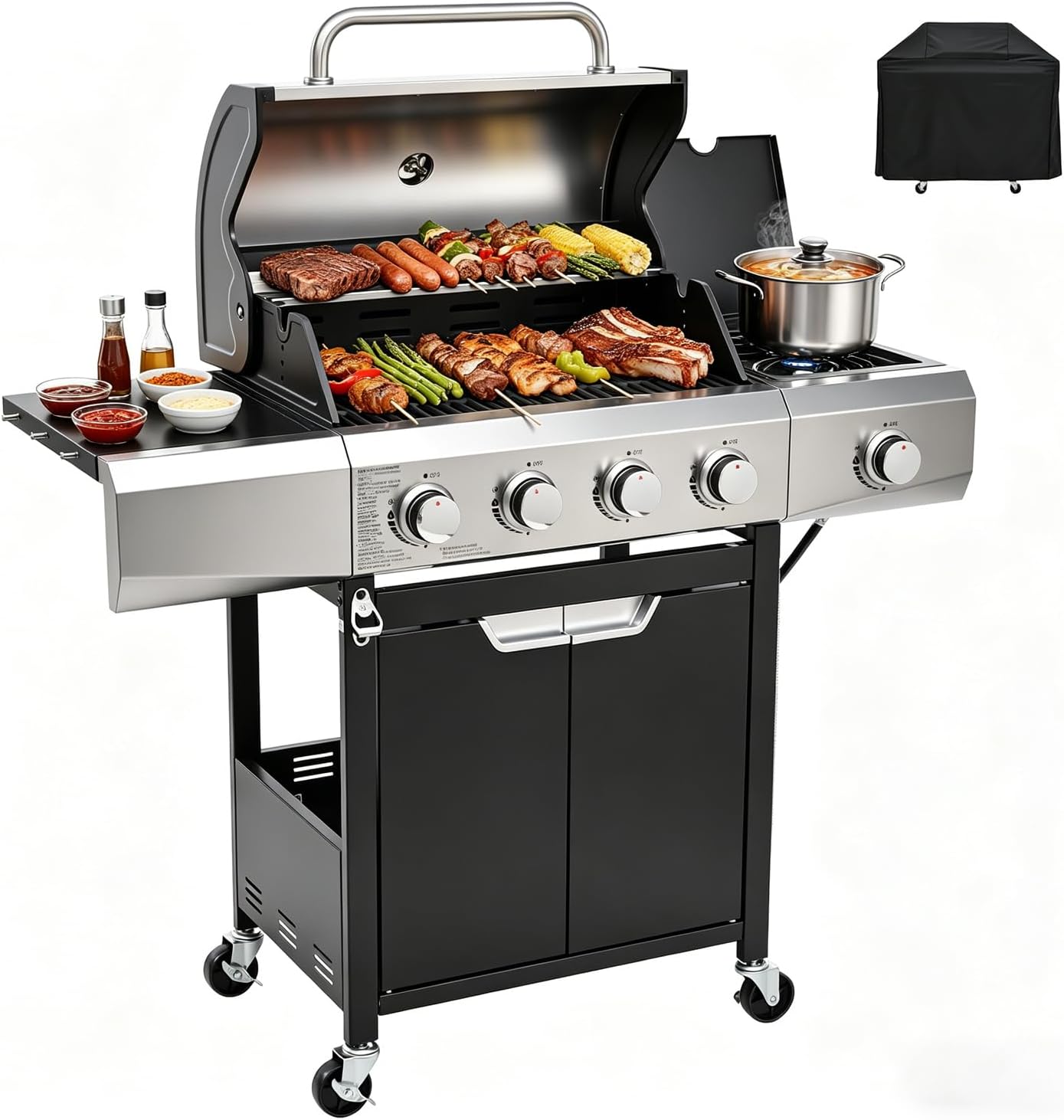 EUHOME 51,000 BTU 4-Burner Propane Gas Grill with Side Burner – Large 452 sq.in Stainless Steel BBQ Grill, Enameled Cast Iron Grates, 4 Swivel Casters & Protective Cover for Backyard Patio Family