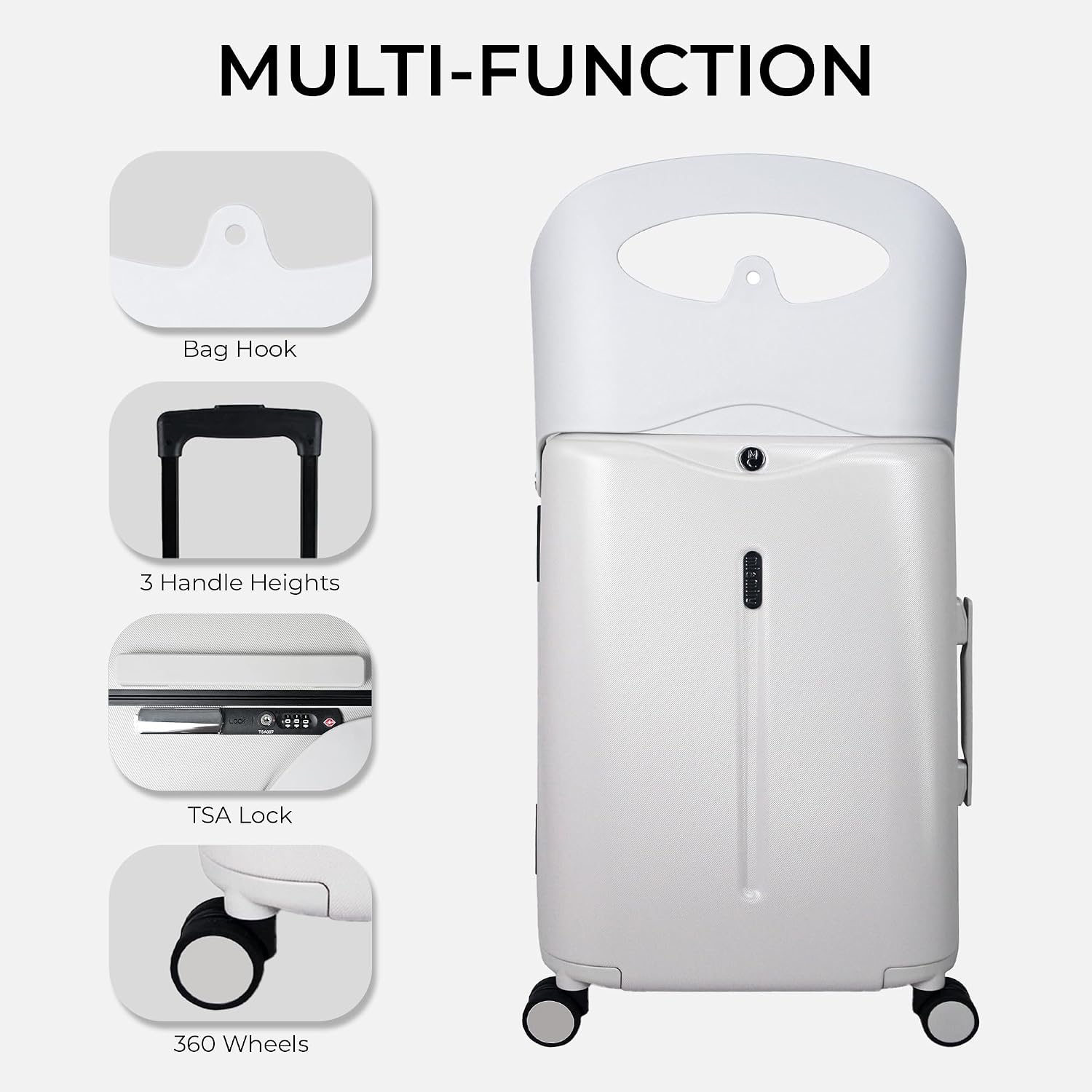 MiaMily Kids Ride-On Carry-On Suitcase with Foldable Seat, Safety Belt, TSA Lock, 4 Double Spinner Wheels, Hard Shell Cabin Luggage, 43L, Mist Grey