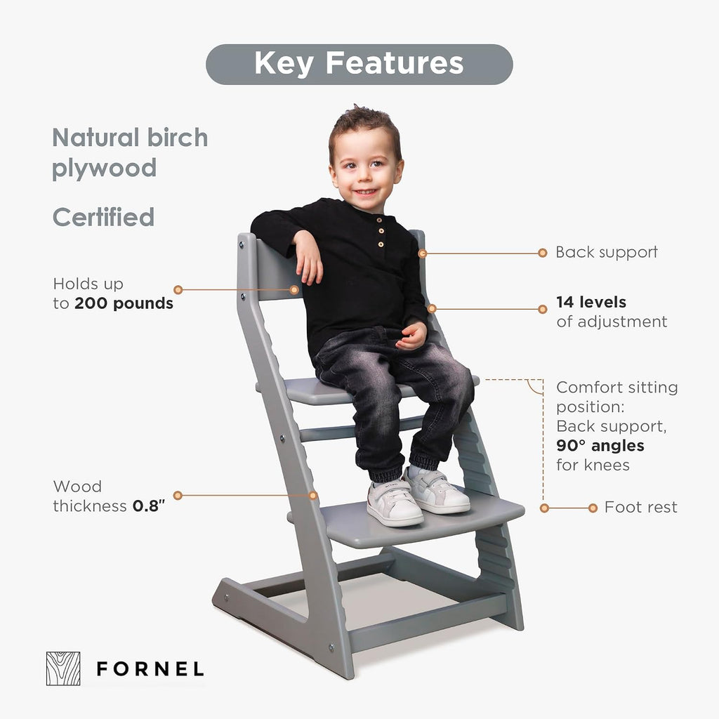 FORNEL Grey Wooden High Chair for Toddlers | The Grow-with-Me Adjustable Chair for Modern Farmhouse & Scandinavian Kitchens | Premium European Style Convertible Seat