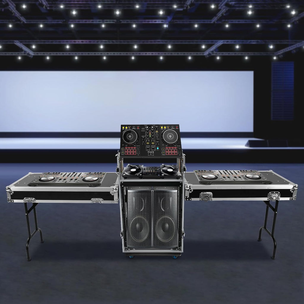 14U Mobile PA DJ Rack/Road Case, Network & Stereo Rack with DJ Mixer Tops, Heavy-Duty 2-Tier Studio Equipment Cabinet with 4 Wheels, Amplifier Mixer Storage Stand for Live Sound, KTV, Home Theater