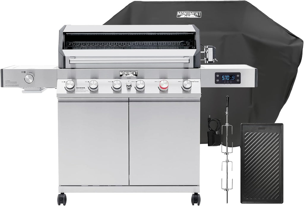 Monument Grills 6+1 Burner Smart Tech Propane Gas Grill, Denali 605Pro Stainless Steel Grill 78,000 BTU Outdoor Garden Barbecue Grill with Side Sear Burner, Cooking Plate, Cover and Rotisserie Kit