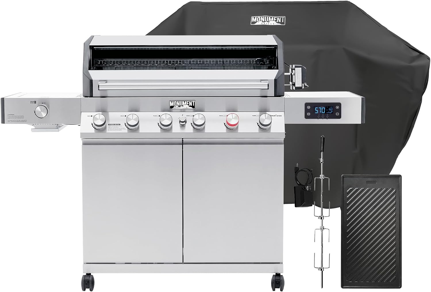 Monument Grills 6+1 Burner Smart Tech Propane Gas Grill, Denali 605Pro Stainless Steel Grill 78,000 BTU Outdoor Garden Barbecue Grill with Side Sear Burner, Cooking Plate, Cover and Rotisserie Kit