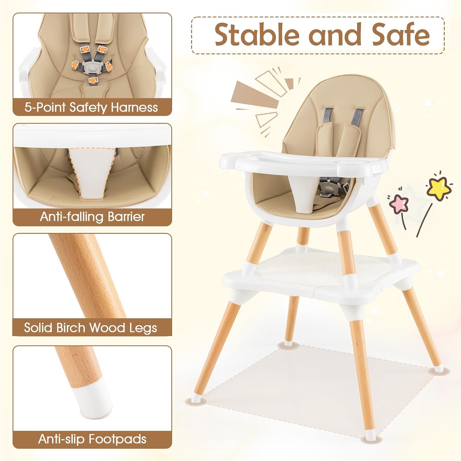 GLACER High Chair, 6-in-1 Convertible Wooden High Chairs for Babies and Toddlers w/Building Block Table, 5-Point Safety Harness, Removable Tray, PU Cushioned Baby High Chair for 6-36 Months (Khaki)