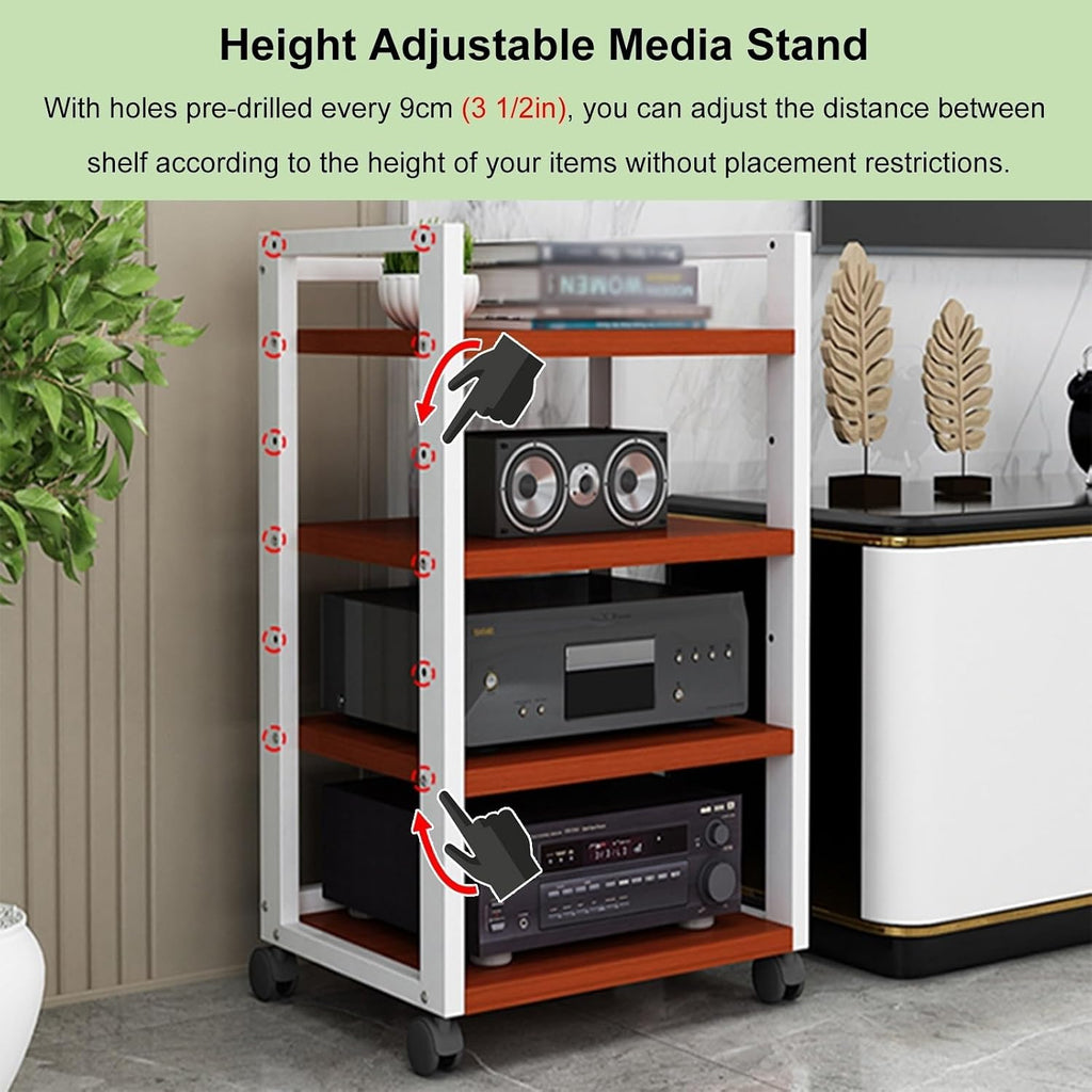 SRNSAEB Audio Equipment Rack On Wheels, Heavy Duty 3 4 Tier DVD Storage Media Shelf/HiFi Racks and Stands for Music Room/Cinema/Commercial Premises, Adjustable Av Component Stand(B,4 Tiers)