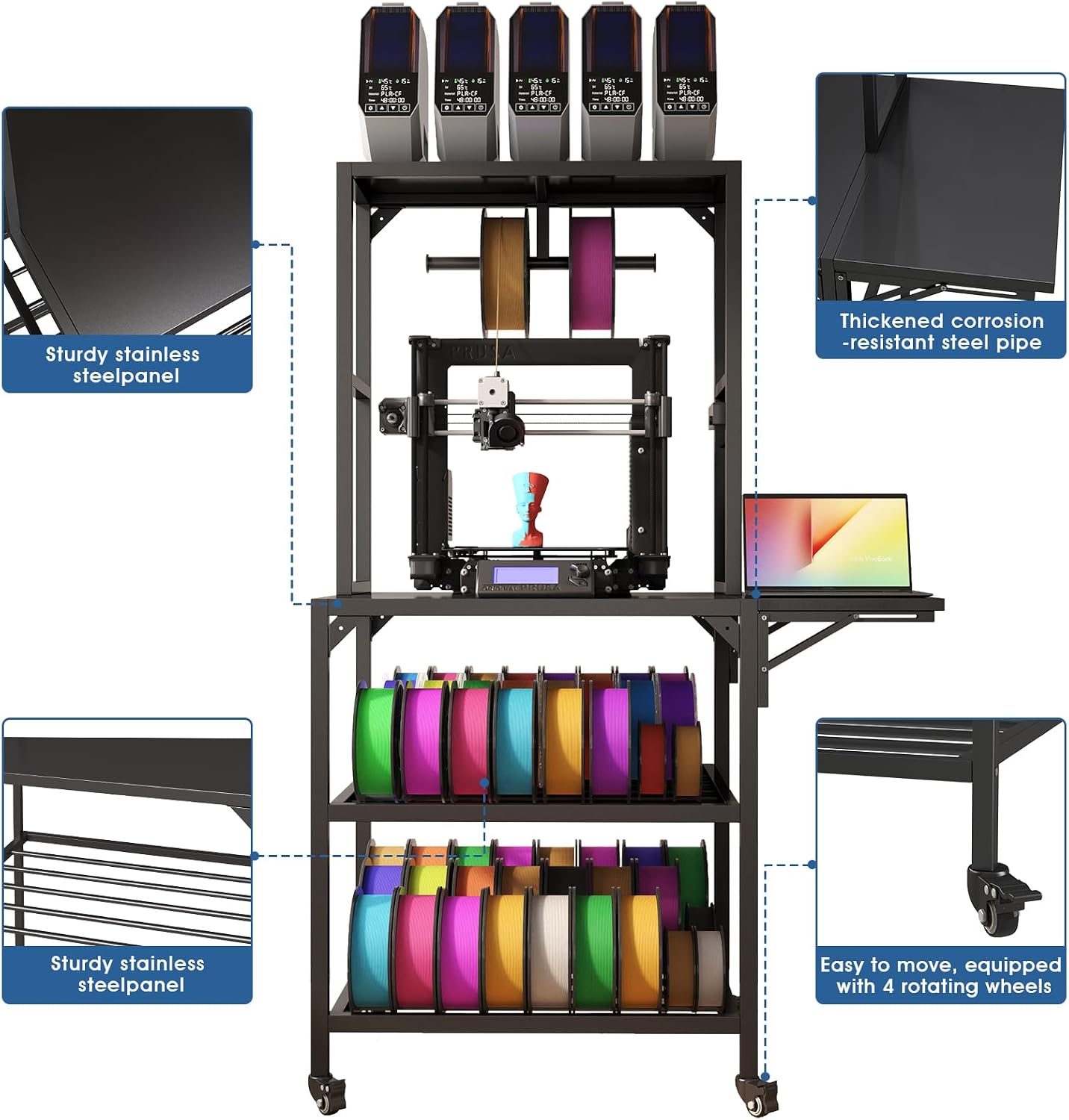 Rolling 3D Printing Stand Filament Organizer,3D Printer Stand with Filaments Storage - 3D Printer Table Filament Storage Rack Heavy Duty 3D Printer Cart Desk with Wheels for Workshop Studio Office