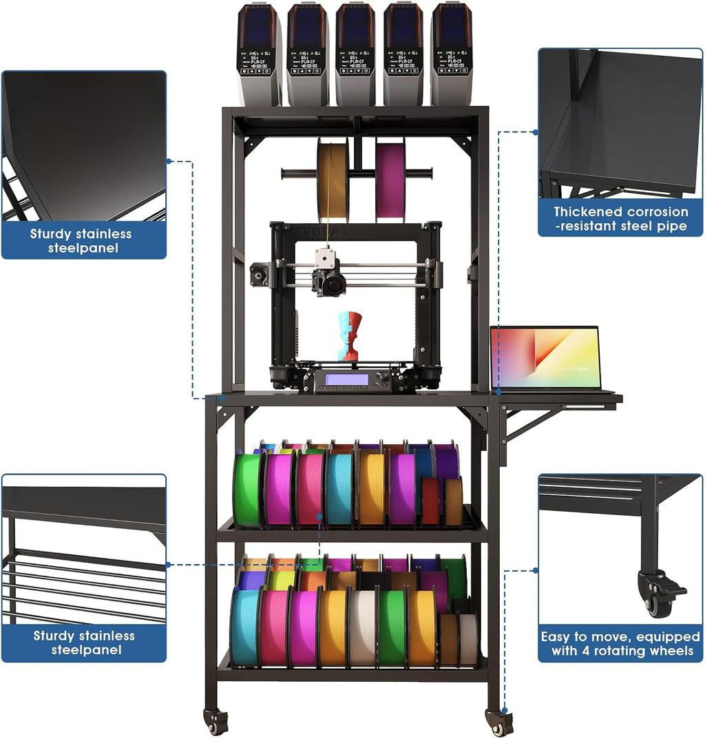 3D Printer Stand Heavy Duty 3D Printer Table with Workbench Filament Storage Rack T-Shaped Spools Holder Rack Wheels for Office Home