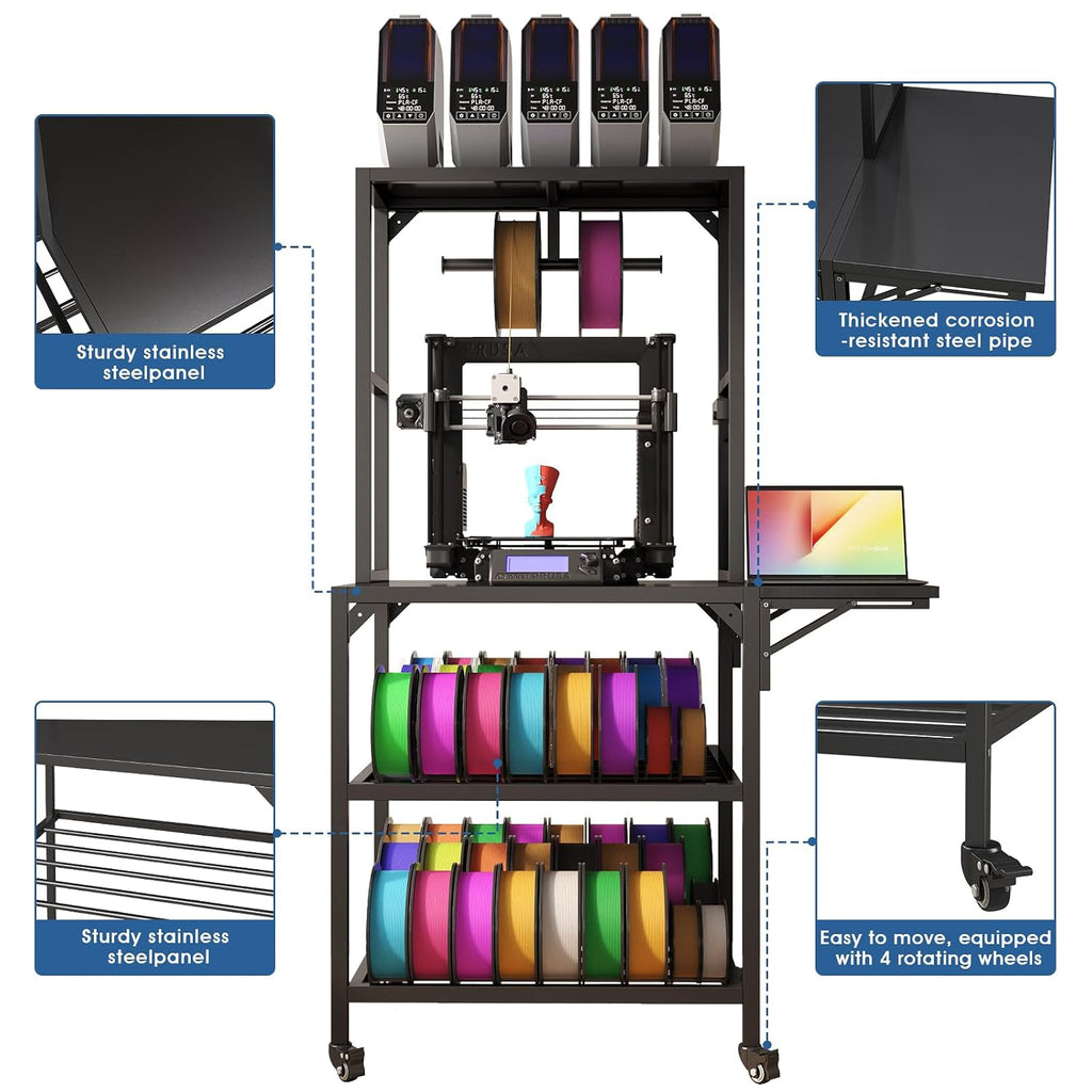 3D Printer Table Stand - 3D Printer Workbench with Filament Storage Rack, T-Shaped Spools Holder Rack and Wheels, for 3D Printing Studio, Home Office Workshop