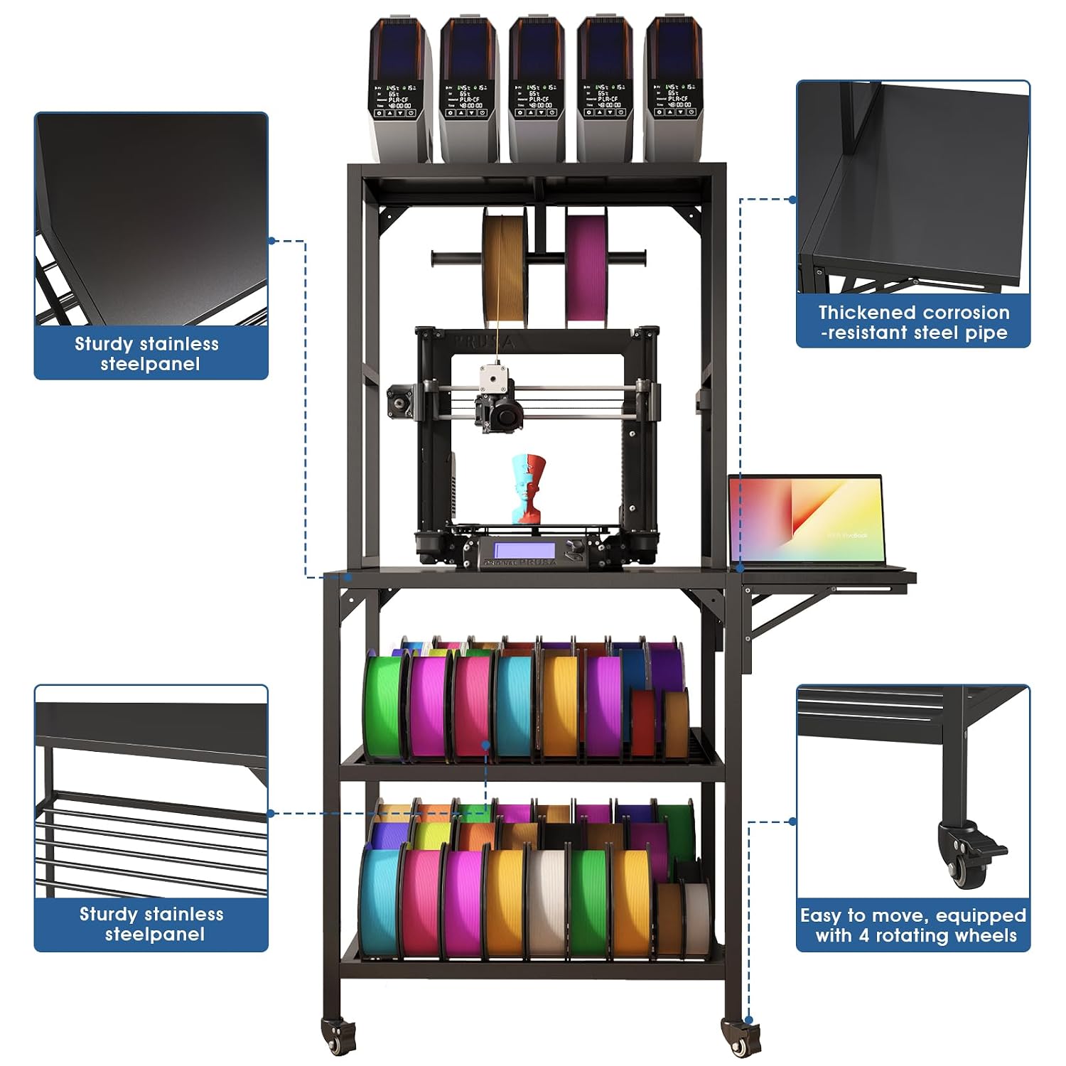 3D Printer Table Stand - 3D Printer Workbench with Filament Storage Rack, T-Shaped Spools Holder Rack and Wheels, for 3D Printing Studio, Home Office Workshop