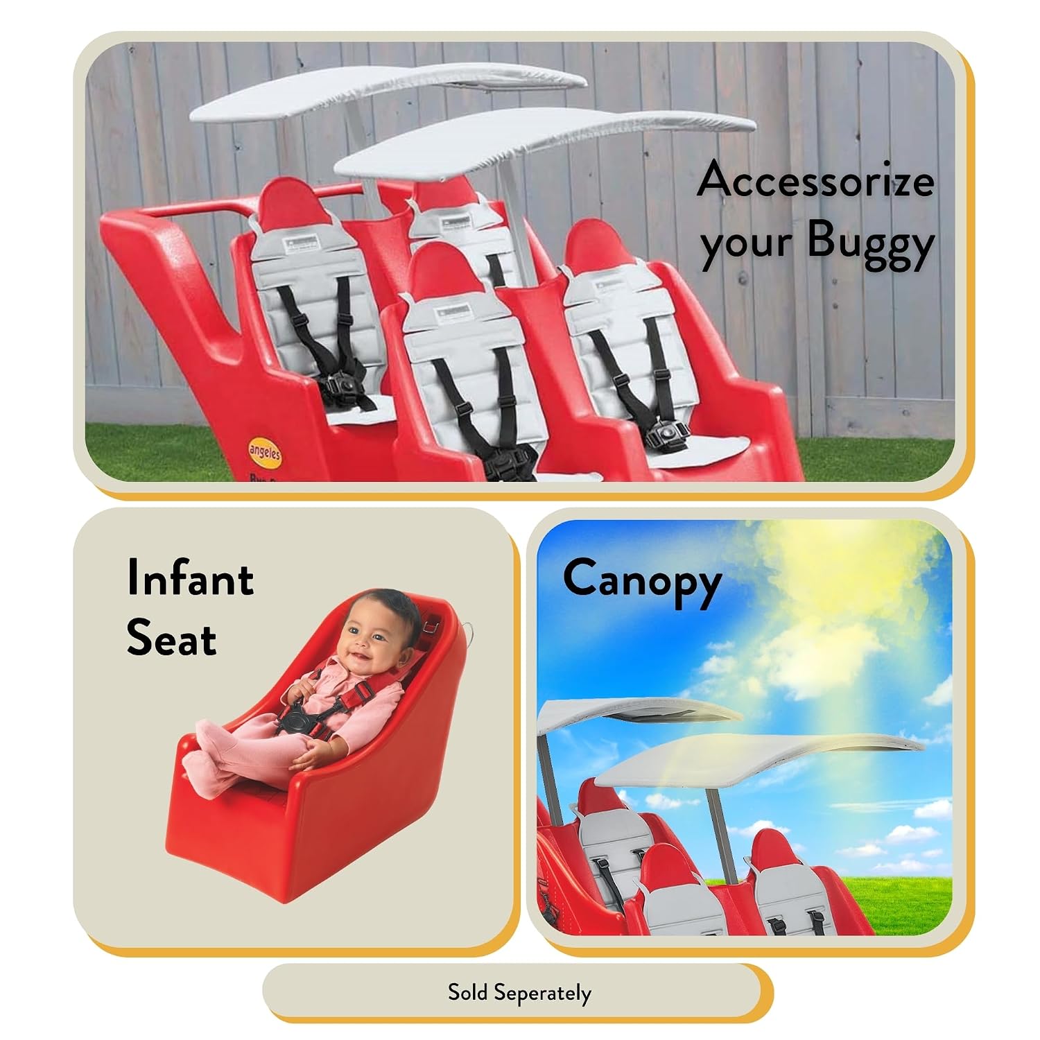 Angeles Bye Bye Buggy 4 Passenger Stroller, Sturdy Daycare Stroller with Fat Tires, Easy-to-Fasten Safety Buckles, Parking Brake, & 360 Pivoting Wheels, Red with Stripe Cushions