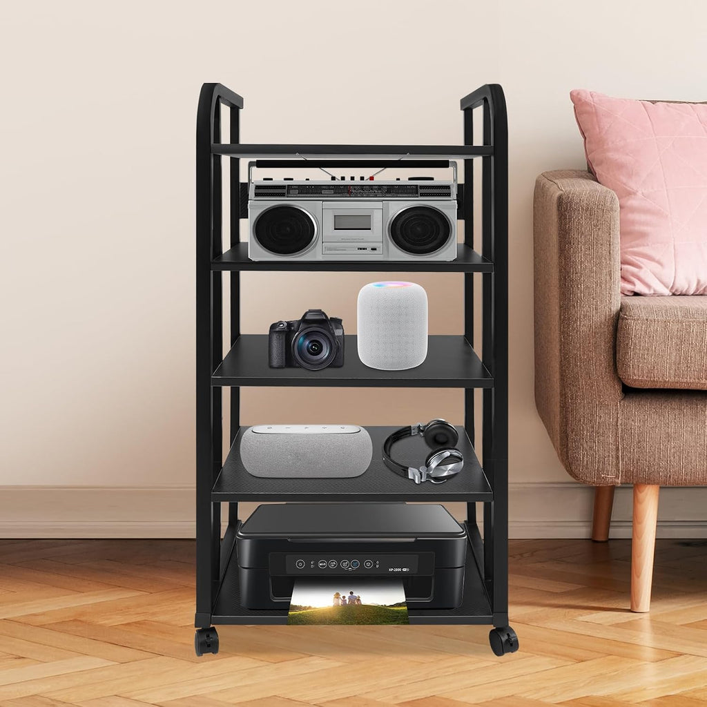 5-Tier Audio/Video Media Stand - CD & Record Player Display Rack for Stereo Receiver, AV Equipment Cabinet with 4 Lockable Wheels, Guardrails & Back Baffles, Holds Up to 88 lbs