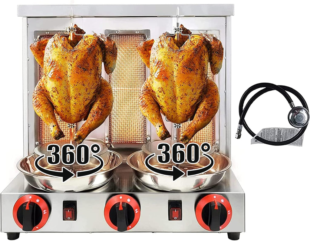 Shawarma Machine 3 Burners Kebab Grill Vertical Rotisserie with 2 Auto Spinning spits for Meat Rotisserie, Chicken Roast, Silver