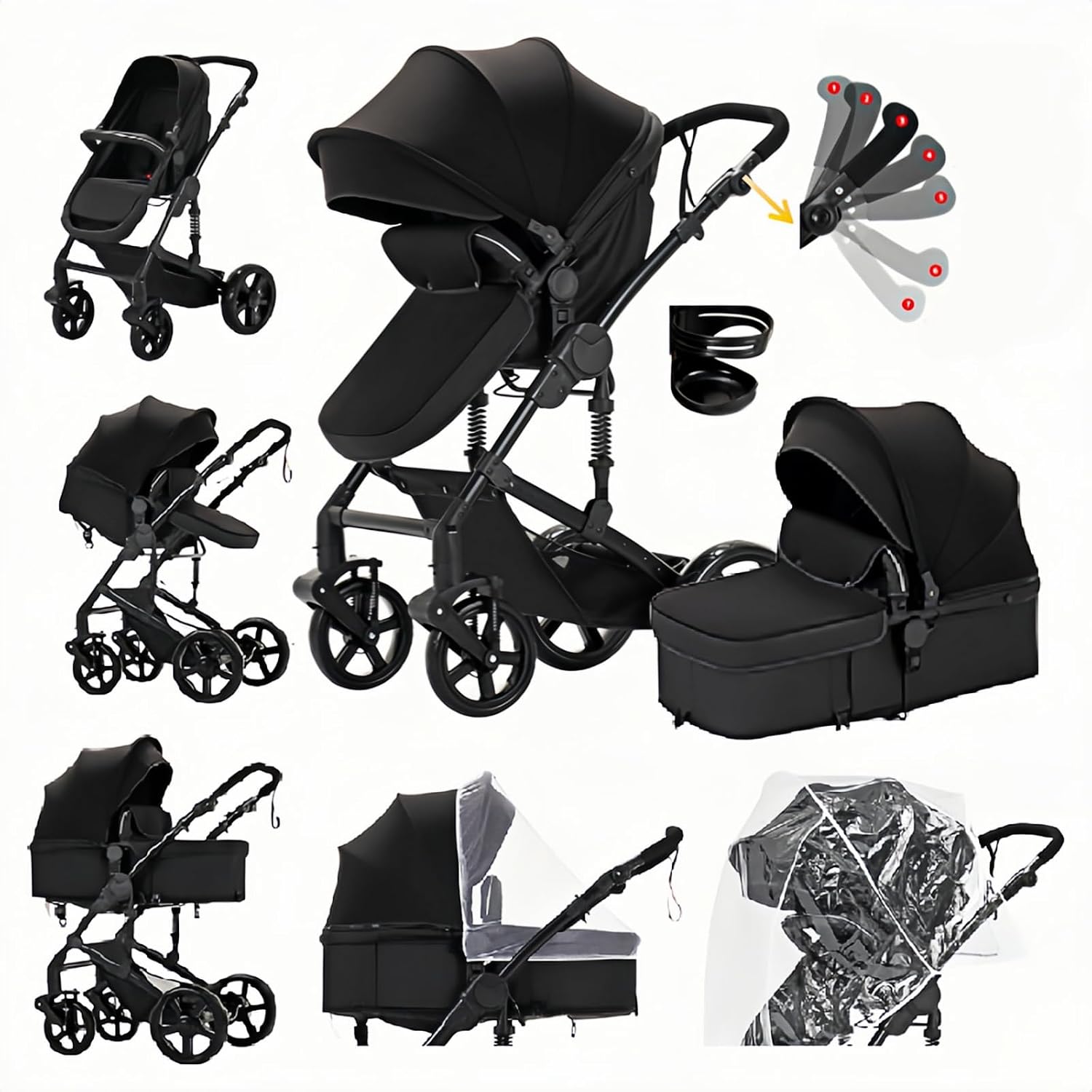 Baby Stroller 2-in-1 Travel Carriage with Bassinet Support One-Touch Folding Lightweight, Suitable for Newborns and Toddlers,Black