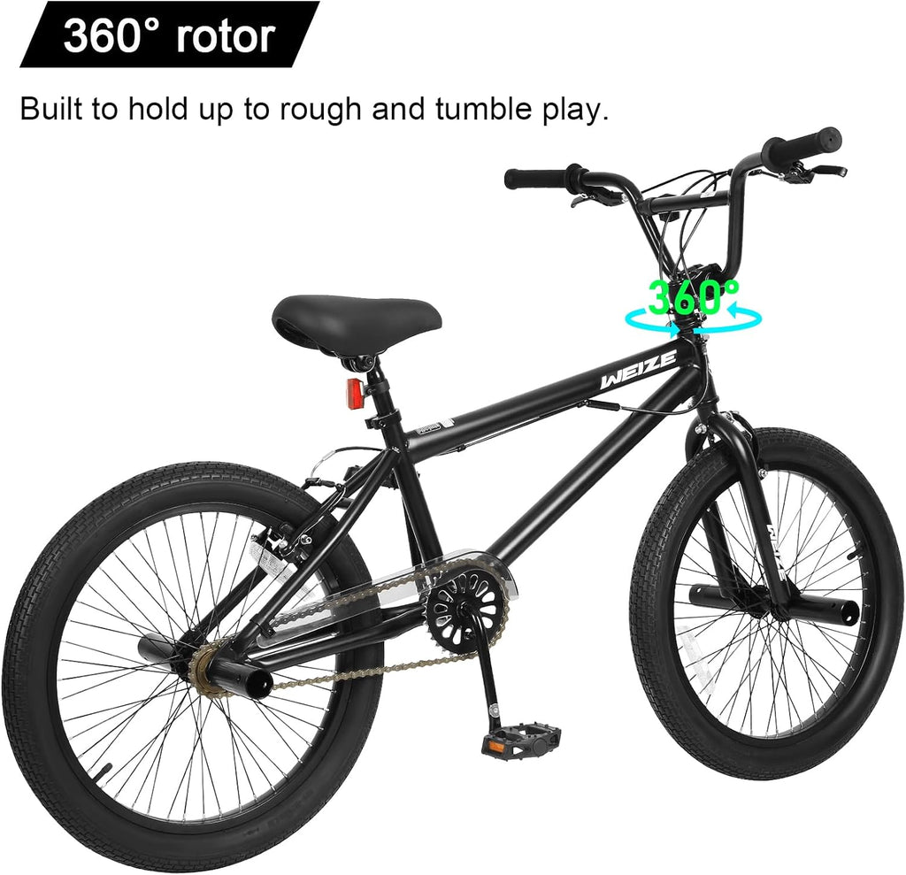 WEIZE Freestyle BMX Bike, 20 inch Trick Bicycle for Kids, Hi-Ten Steel Frame, 360 Degree Rotor Freestyle, 4 Pegs Single Speed Teen Bike for Boys Girls & Beginner-Level to Advanced Riders