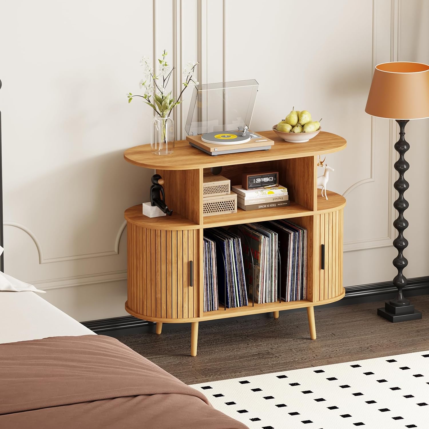 35.4' Record Player Stand with Storage - Vinyl Record Storage Cabinet & Media Console Holds 300+ Records, Mid Century Modern Turntable Stand for Living Room (Natural, 35.4')