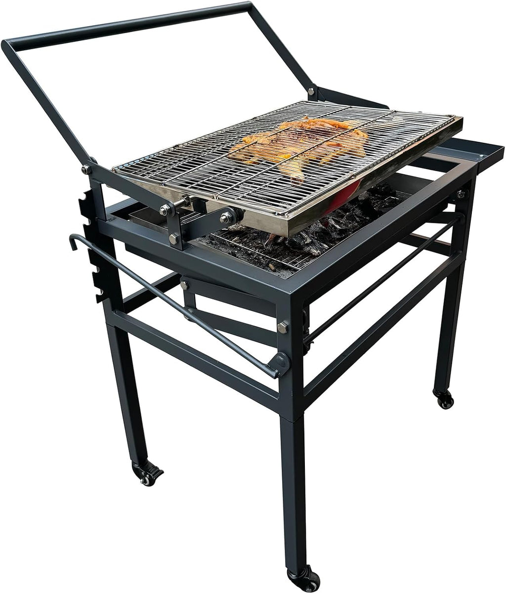 Portable Charcoal BBQ Grill, 360° Rotating Barbecue Grill with Wheels, Stainless Steel Cooking Grid, Adjustable Charcoal Tray, for Camping, Picnic, Patio & Backyard Parties