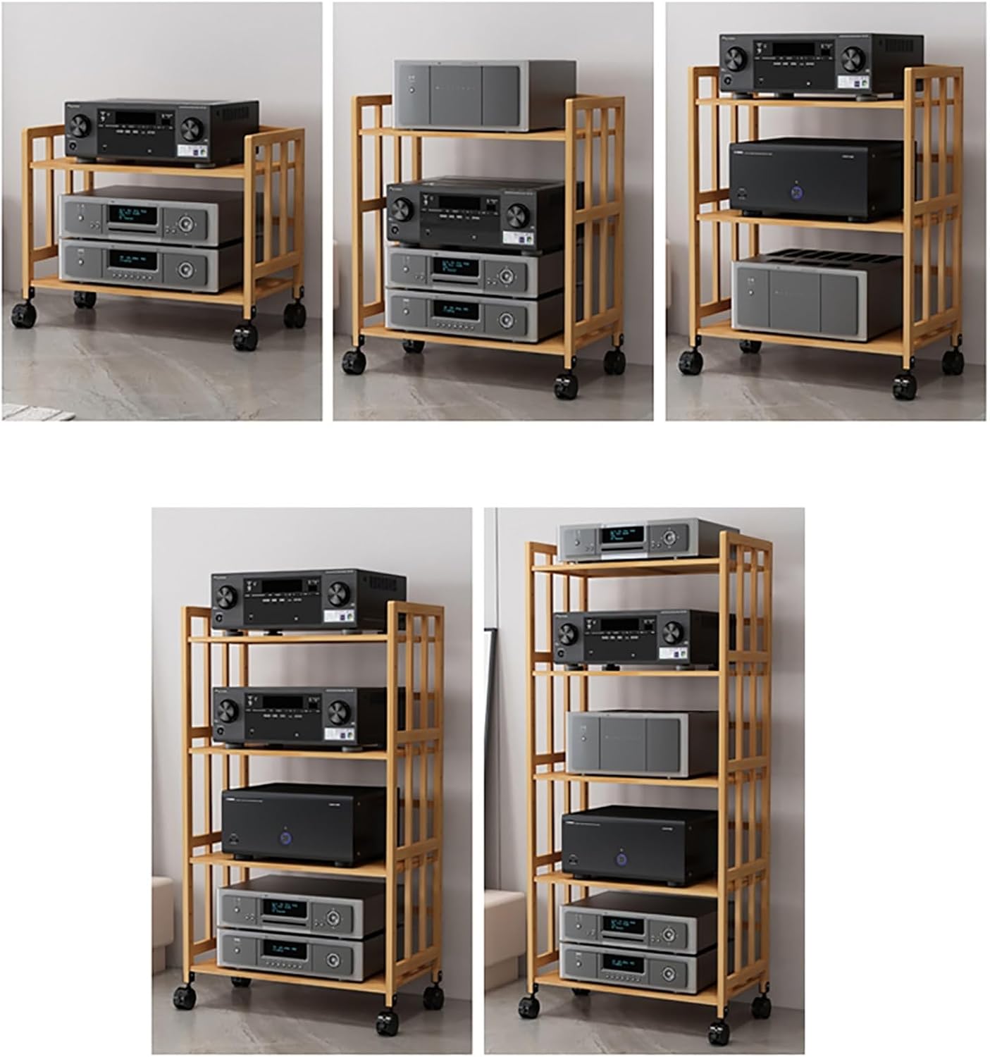 Large Capacity Vintage Stereo Console/AV Cabinet, 5-Tier Adjustable Speaker Stand/Electronics Equipment Shelf, Audio Component Rack with Wheels(Color:Light Brown,Size:50cm/19.7in)