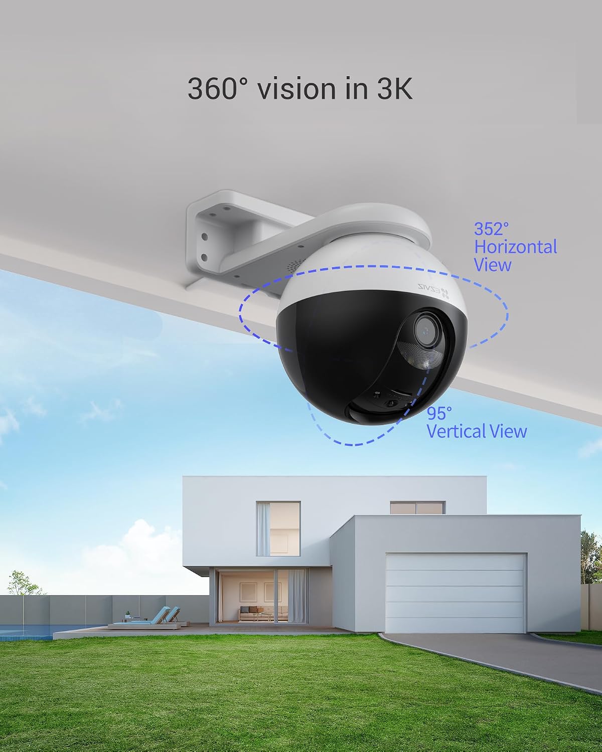 EZVIZ Outdoor Auto-Tracking Camera, 3K, 12 Pre-Set dots Tracking,360° Visual Coverage, Waterproof, Color Night Vision, AI-Powered Person and Vehicle Detection,Two-Way Talk| C8W Pro 3K (6mm)